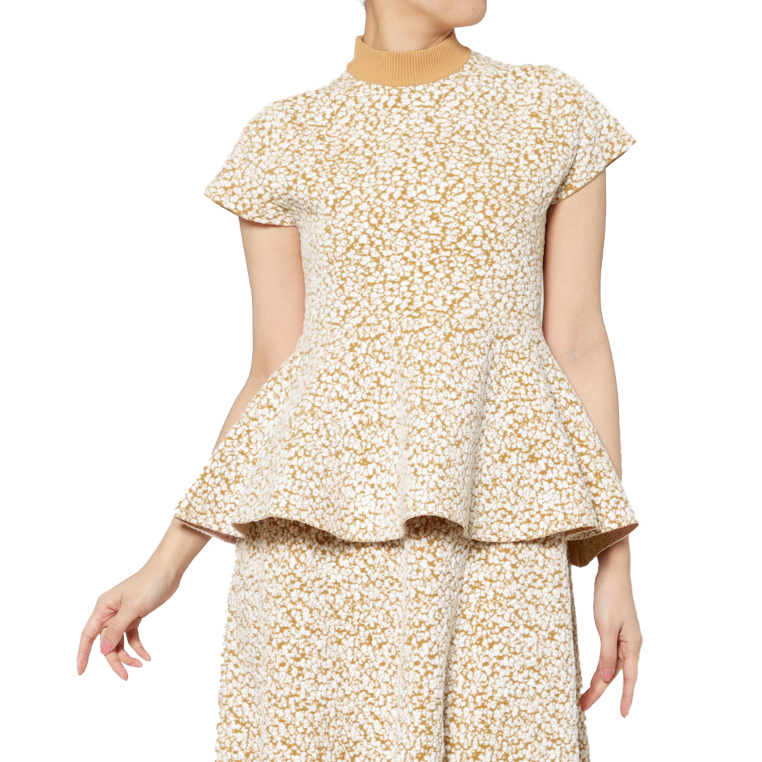 セットアップ ウォッシャブル ジャカード素材ハイネック フレアニットプルオーバー