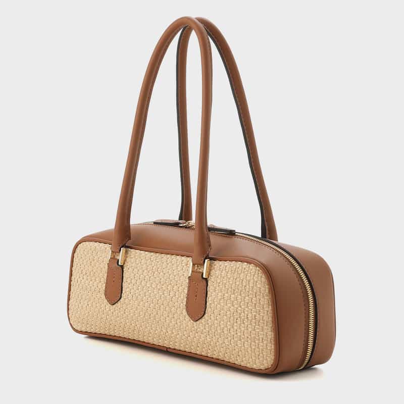 BARNEYS NEW YORK ラフィア×レザー コンビネーション ロングハンドルバッグ BROWN