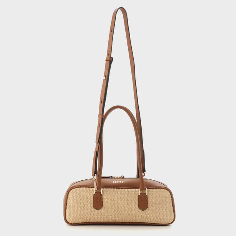 BARNEYS NEW YORK ラフィア×レザー コンビネーション ロングハンドルバッグ BROWN