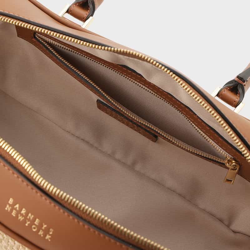 BARNEYS NEW YORK ラフィア×レザー コンビネーション ロングハンドルバッグ BROWN
