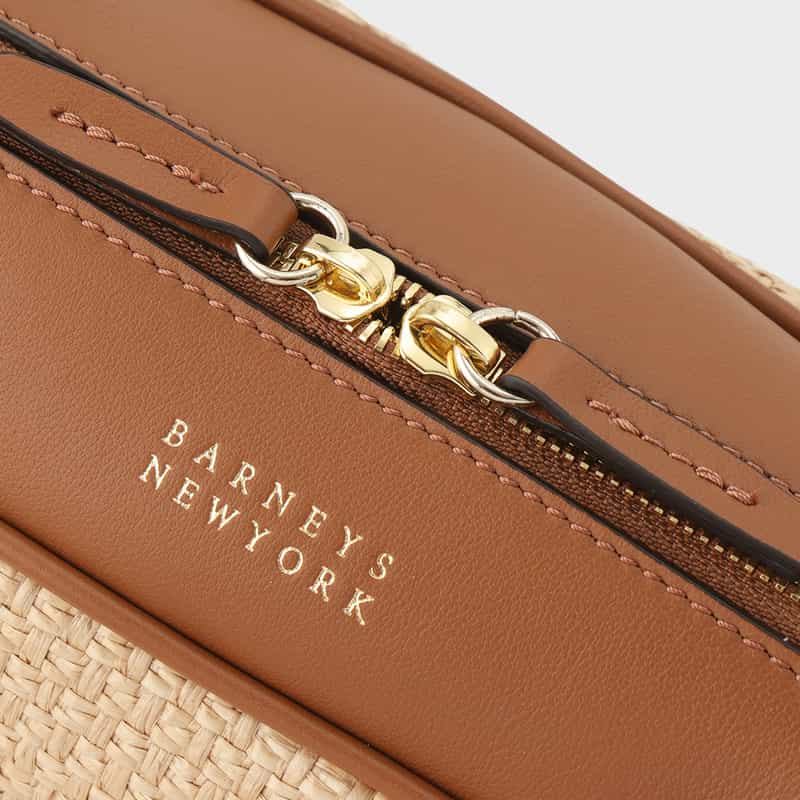 BARNEYS NEW YORK ラフィア×レザー コンビネーション ロングハンドルバッグ BROWN