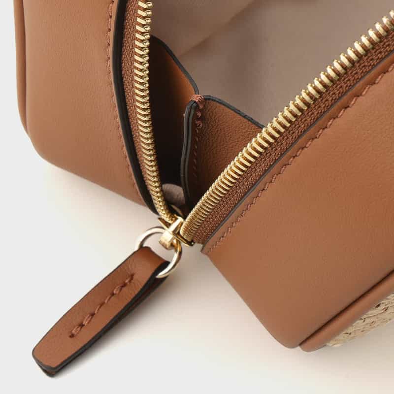 BARNEYS NEW YORK ラフィア×レザー コンビネーション ロングハンドルバッグ BROWN