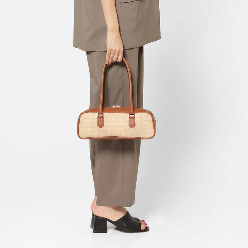 BARNEYS NEW YORK ラフィア×レザー コンビネーション ロングハンドルバッグ BROWN