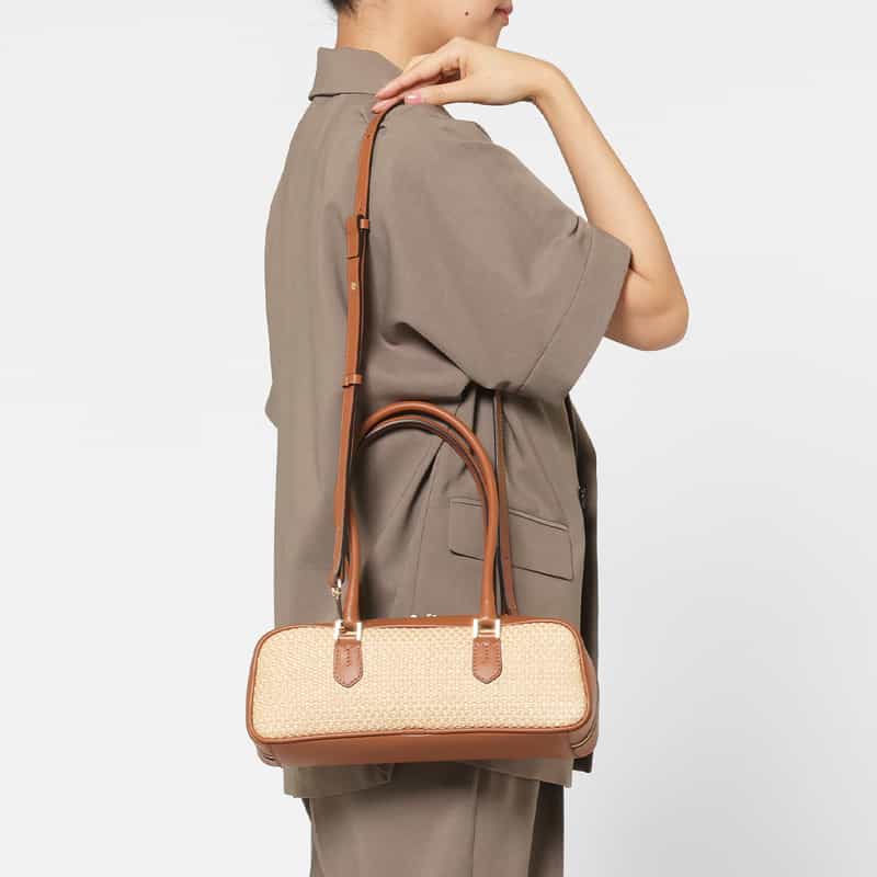 BARNEYS NEW YORK ラフィア×レザー コンビネーション ロングハンドルバッグ BROWN