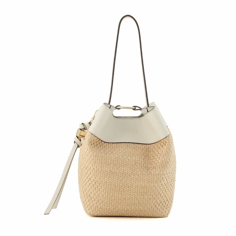 BARNEYS NEW YORK ラフィア×レザー コンビネーション バケットバッグ IVORY