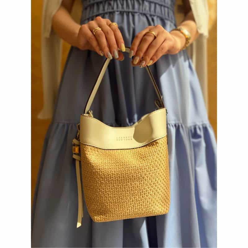 BARNEYS NEW YORK ラフィア×レザー コンビネーション バケットバッグ IVORY