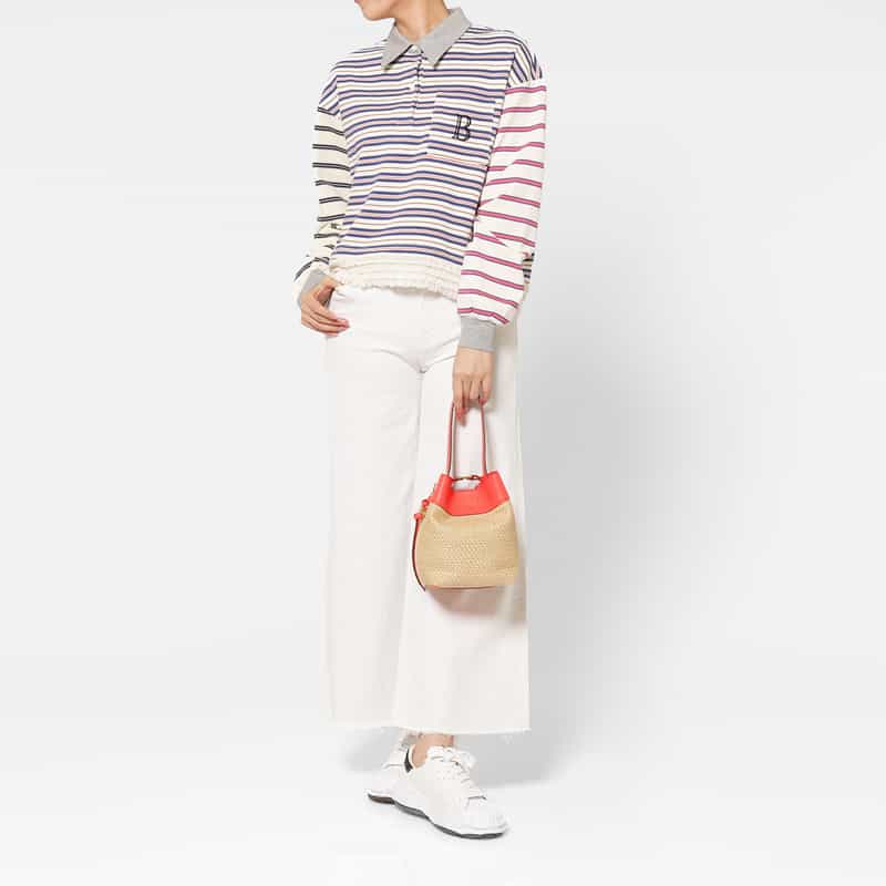 BARNEYS NEW YORK ラフィア×レザー コンビネーション バケットバッグ ORANGE