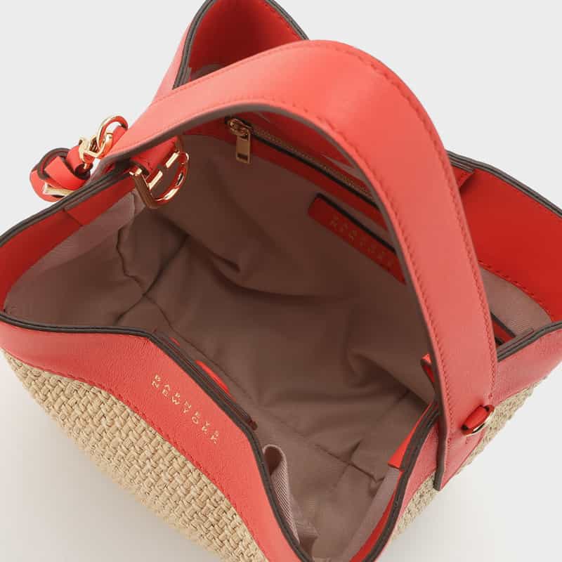 BARNEYS NEW YORK ラフィア×レザー コンビネーション バケットバッグ ORANGE