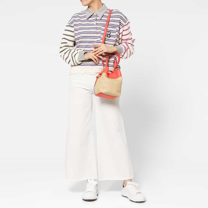 BARNEYS NEW YORK ラフィア×レザー コンビネーション バケットバッグ ORANGE