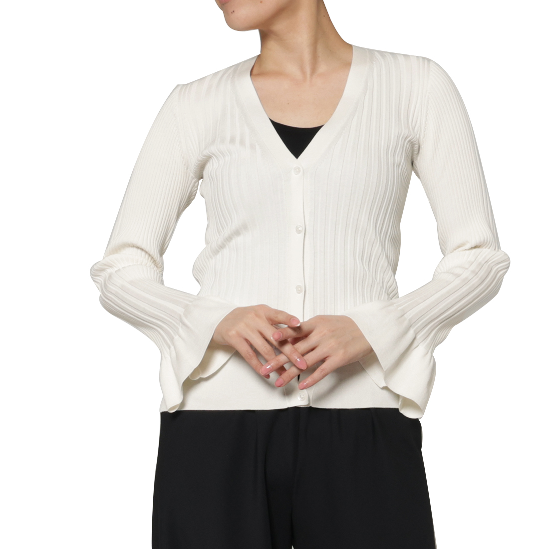 ウォッシャブル シルクコットン素材フレアスリーブ リブニットカーディガン