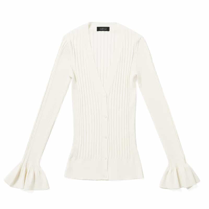 ウォッシャブル シルクコットン素材フレアスリーブ リブニットカーディガン