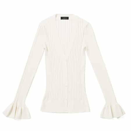 ウォッシャブル シルクコットン素材フレアスリーブ リブニットカーディガン