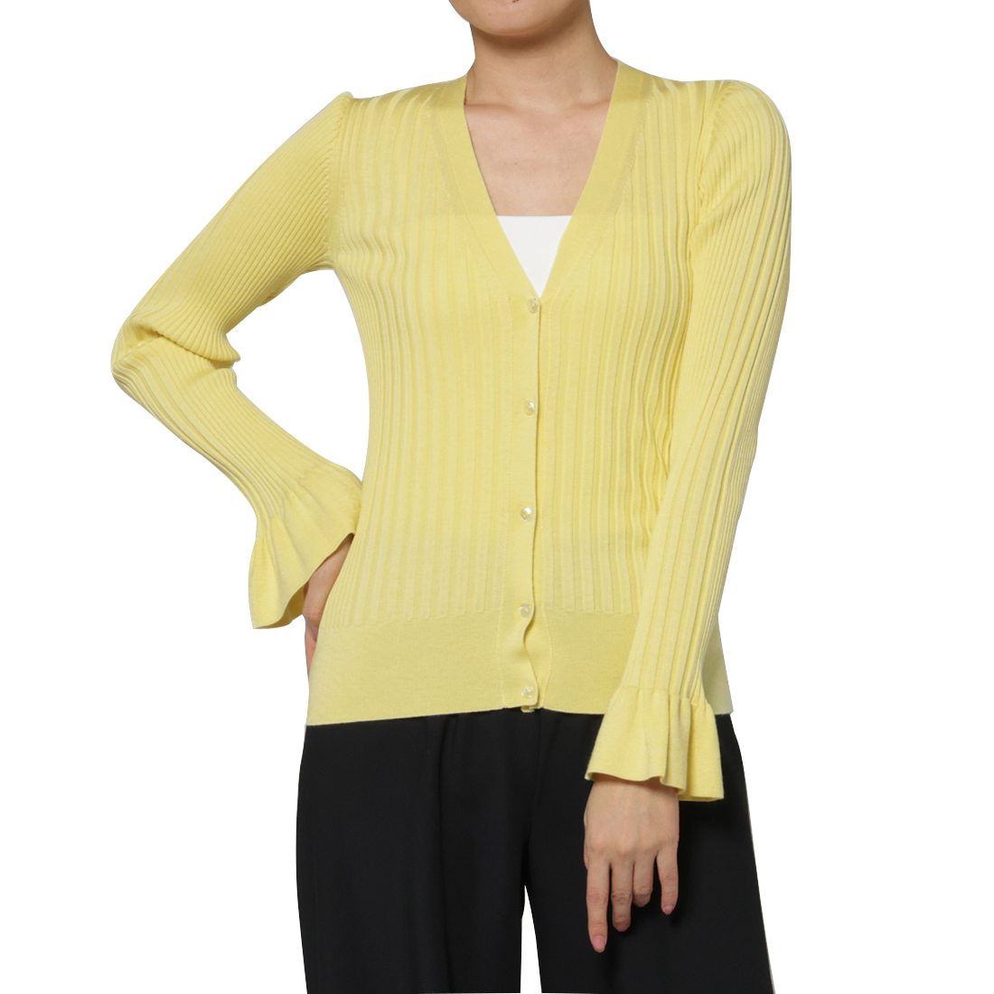 ウォッシャブル シルクコットン素材フレアスリーブ リブニットカーディガン