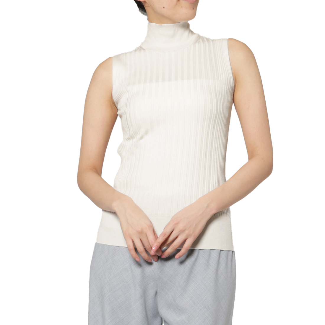 ウォッシャブル シルクコットン素材ハイネック リブニットプルオーバー