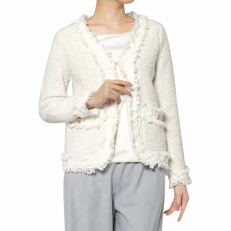 ツイード ノーカラーニットジャケット