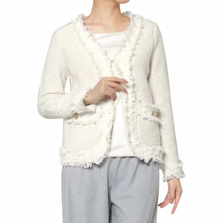 ツイード ノーカラーニットジャケット