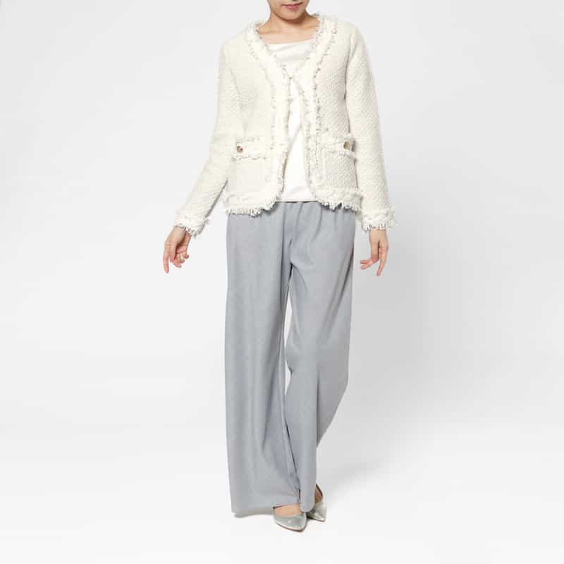 BARNEYS NEW YORK ツイード ノーカラーニットジャケット WHITE