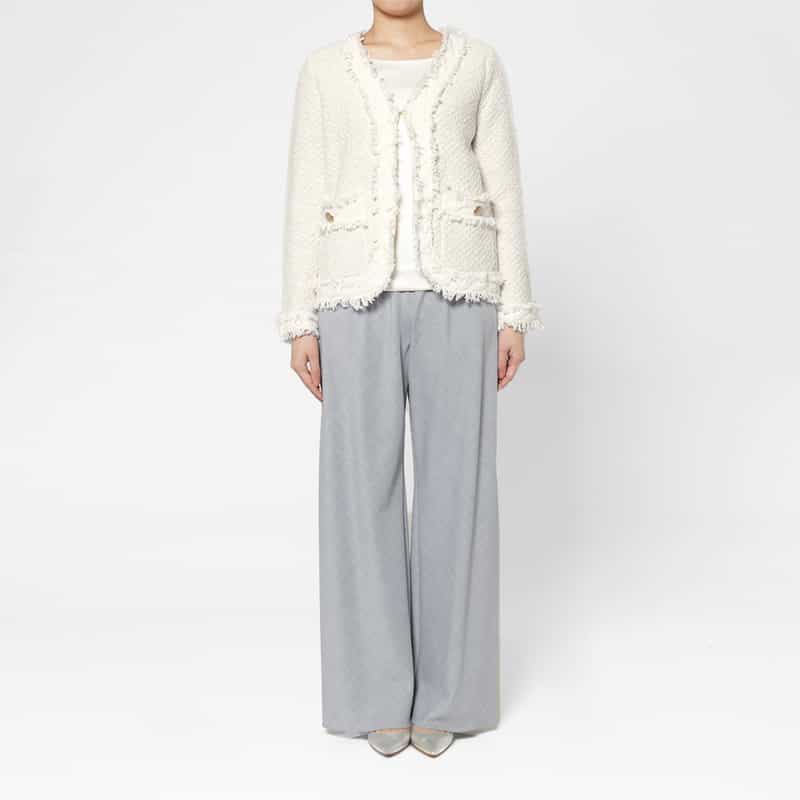 BARNEYS NEW YORK ツイード ノーカラーニットジャケット WHITE