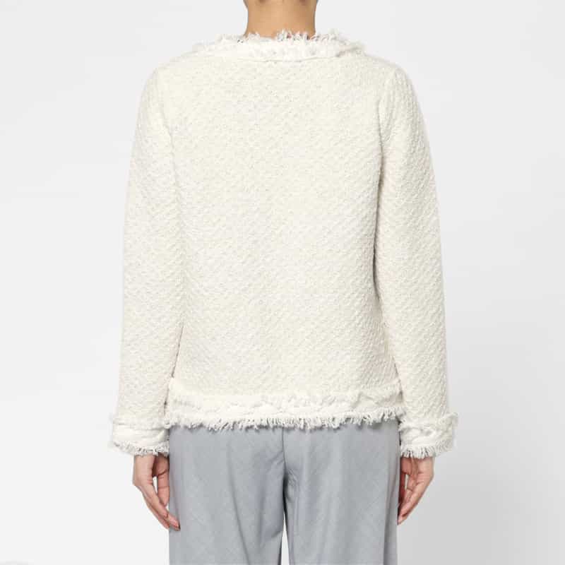 BARNEYS NEW YORK ツイード ノーカラーニットジャケット WHITE