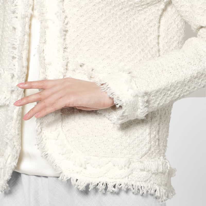 BARNEYS NEW YORK ツイード ノーカラーニットジャケット WHITE