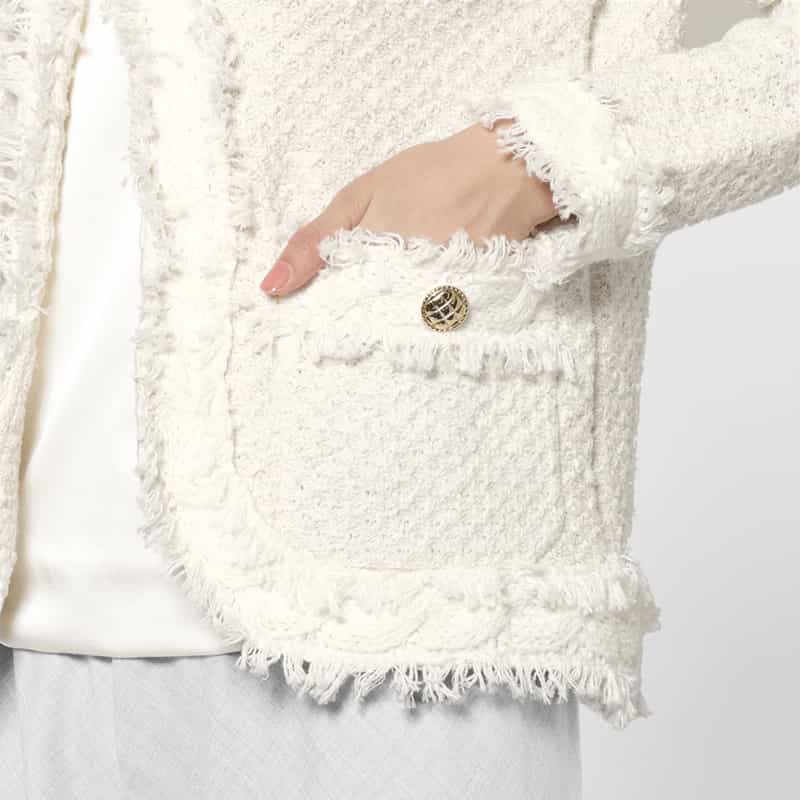 BARNEYS NEW YORK ツイード ノーカラーニットジャケット WHITE