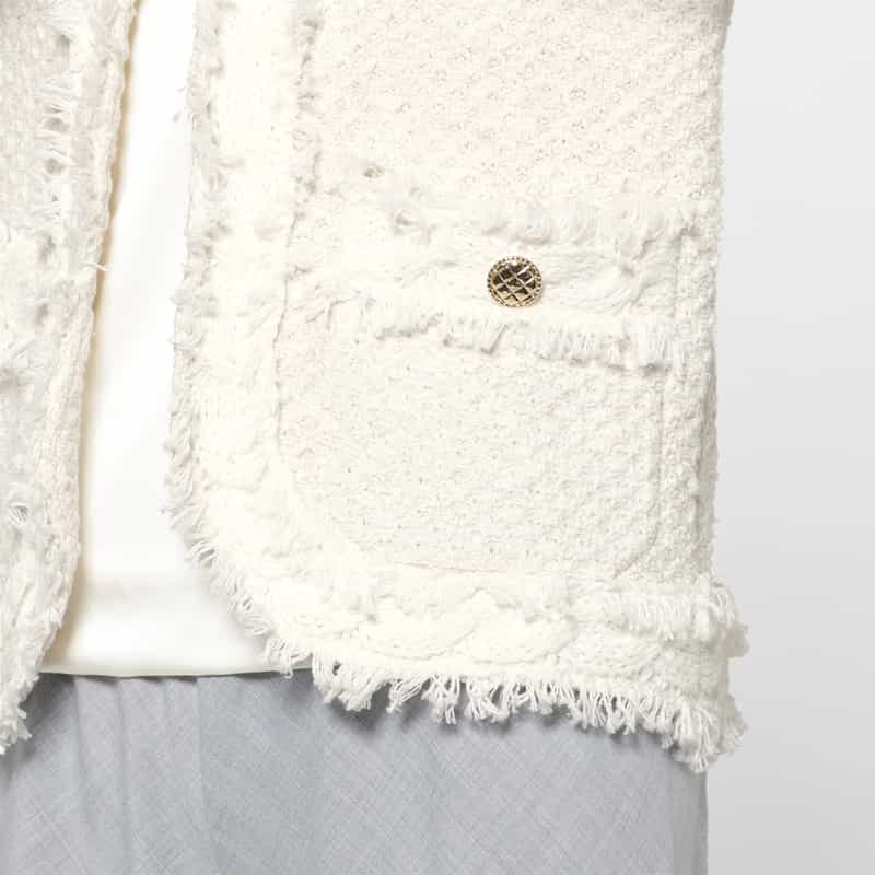 BARNEYS NEW YORK ツイード ノーカラーニットジャケット WHITE