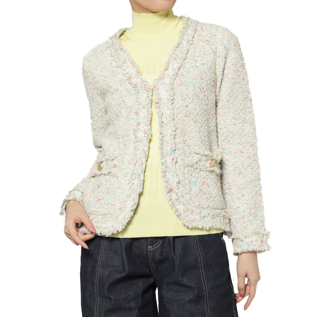 ツイード ノーカラーニットジャケット