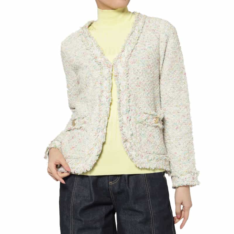 ツイード ノーカラーニットジャケット