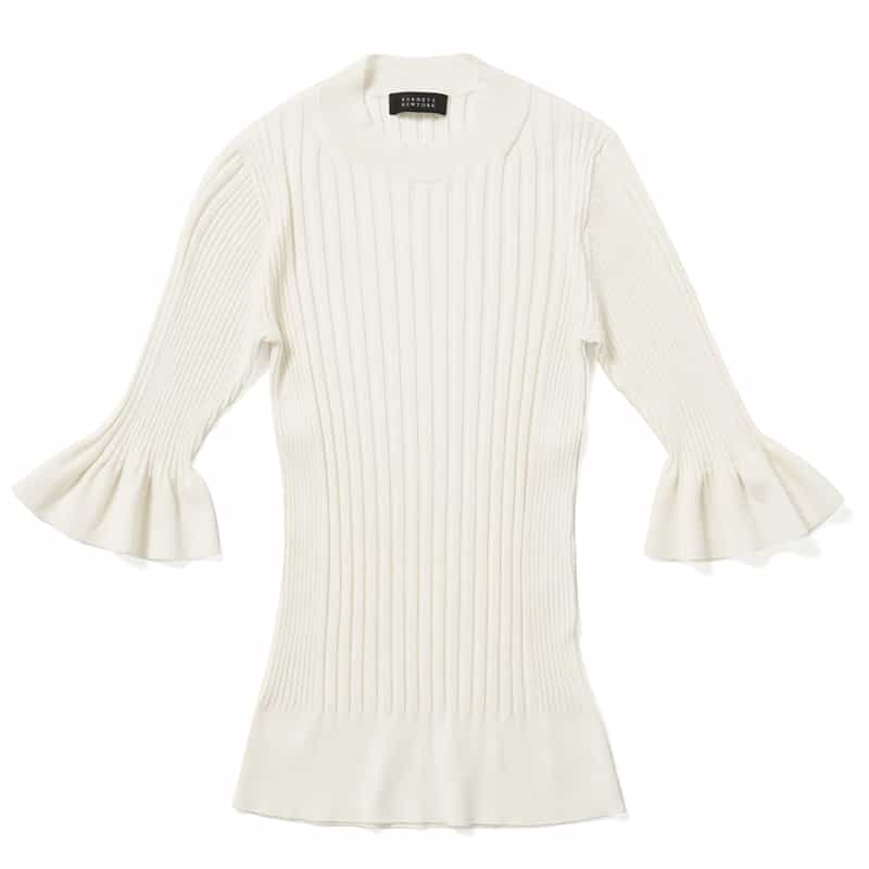 BARNEYS NEW YORK ウォッシャブル シルクコットン素材 フレアスリーブ リブニットプルオーバー WHITE