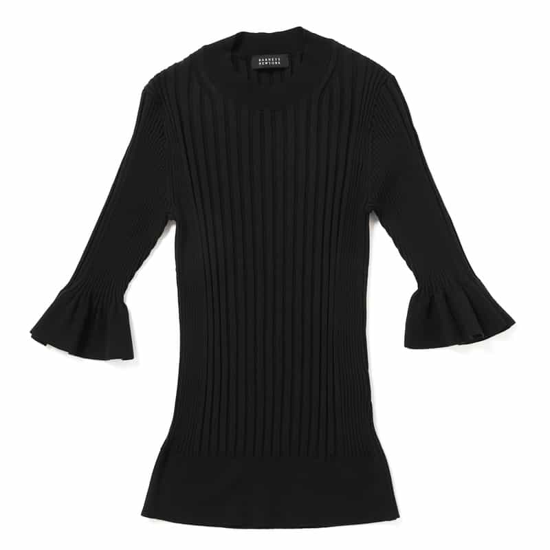 BARNEYS NEW YORK ウォッシャブル シルクコットン素材 フレアスリーブ リブニットプルオーバー BLACK