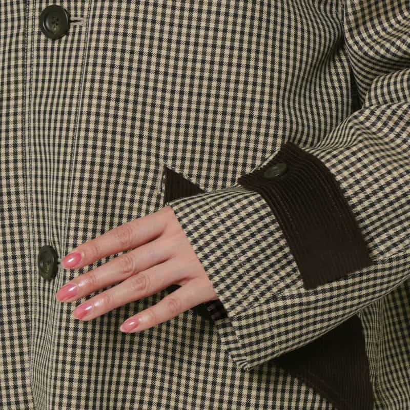 BARNEYS NEW YORK ウール素材ガンクラブチェック柄スタンドカラーコート BROWN