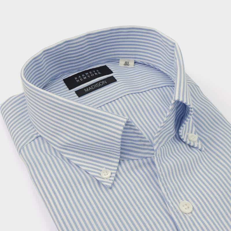 BARNEYS NEW YORK ストライプ柄オープンカラードレスシャツ"MADISON" BLUE