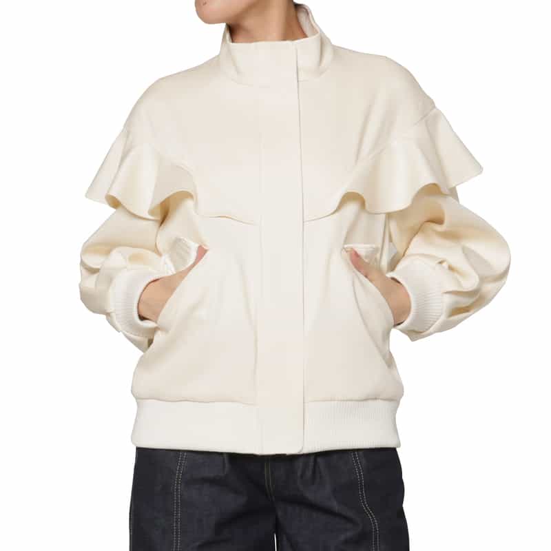BARNEYS NEW YORK ドロップショルダー フリルデザイン ジップアップブルゾン WHITE
