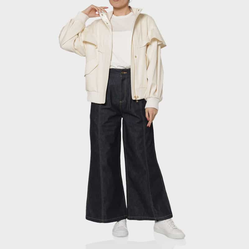 BARNEYS NEW YORK ドロップショルダー フリルデザイン ジップアップブルゾン WHITE