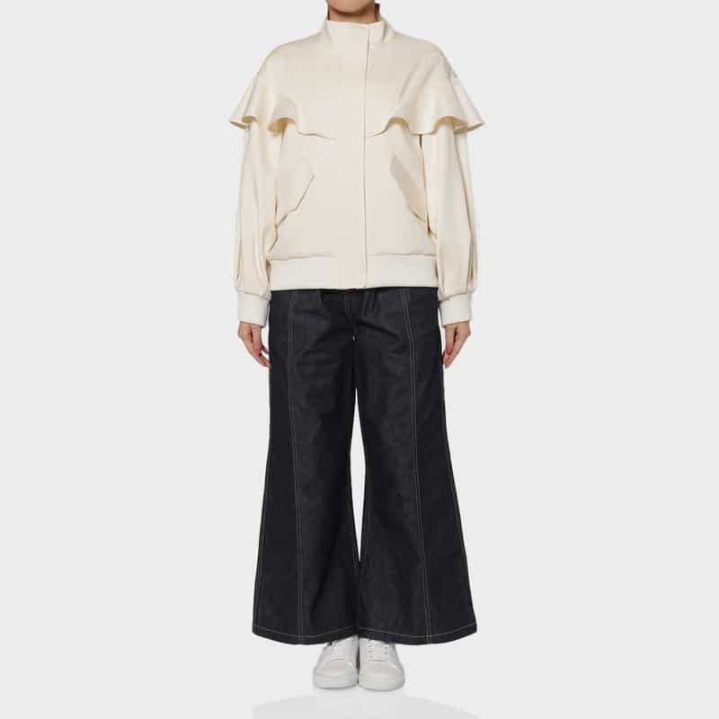 BARNEYS NEW YORK ドロップショルダー フリルデザイン ジップアップブルゾン WHITE