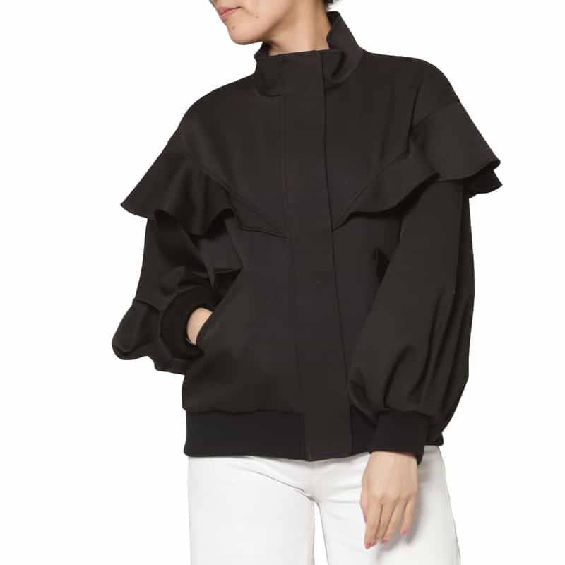 BARNEYS NEW YORK ドロップショルダー フリルデザイン ジップアップブルゾン BLACK