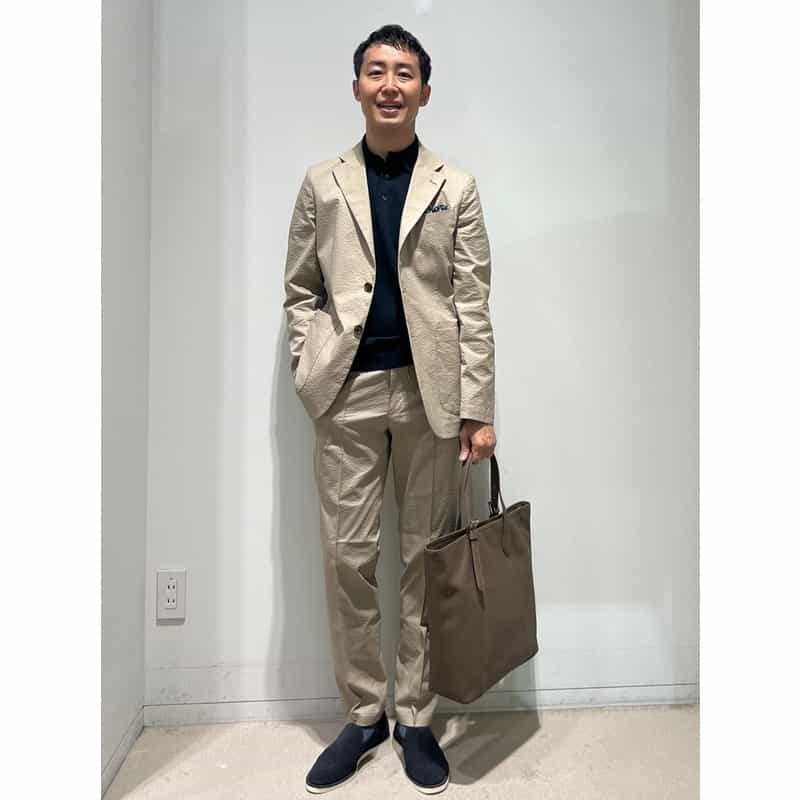 BARNEYS NEW YORK セットアップ シアサッカー素材ストレッチパンツ BEIGE