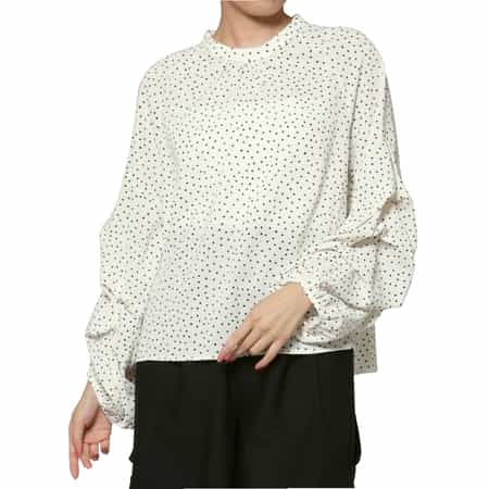 ウォッシャブル ドット柄ランダムタックスリーブブラウス