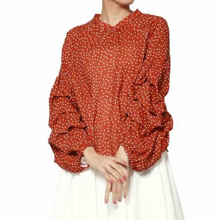 ウォッシャブル ドット柄ランダムタックスリーブブラウス