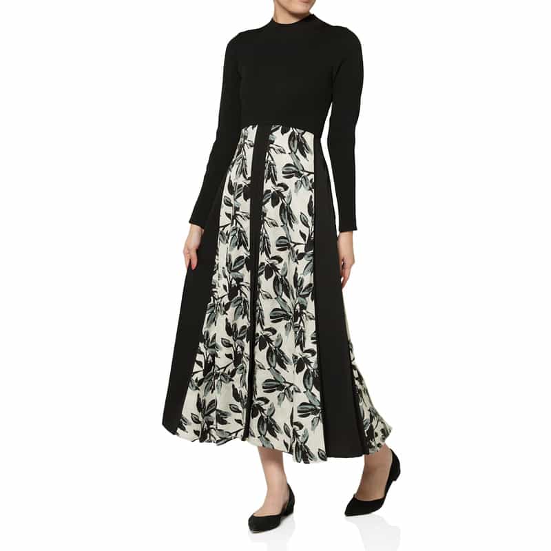 異素材コンビネーション フラワープリントドレス