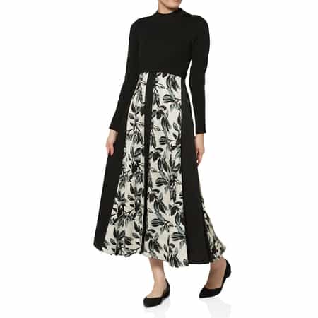 異素材コンビネーション フラワープリントドレス