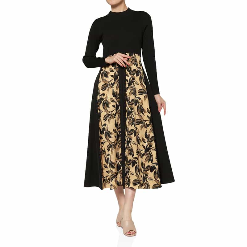 異素材コンビネーション フラワープリントドレス