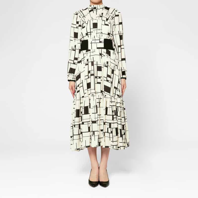 BARNEYS NEW YORK ウォッシャブル ジオメトリック柄ロングドレス WHITE