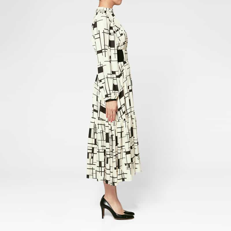 BARNEYS NEW YORK ウォッシャブル ジオメトリック柄ロングドレス WHITE