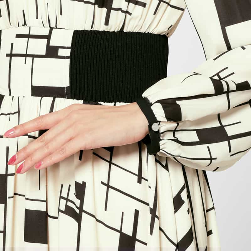 BARNEYS NEW YORK ウォッシャブル ジオメトリック柄ロングドレス WHITE