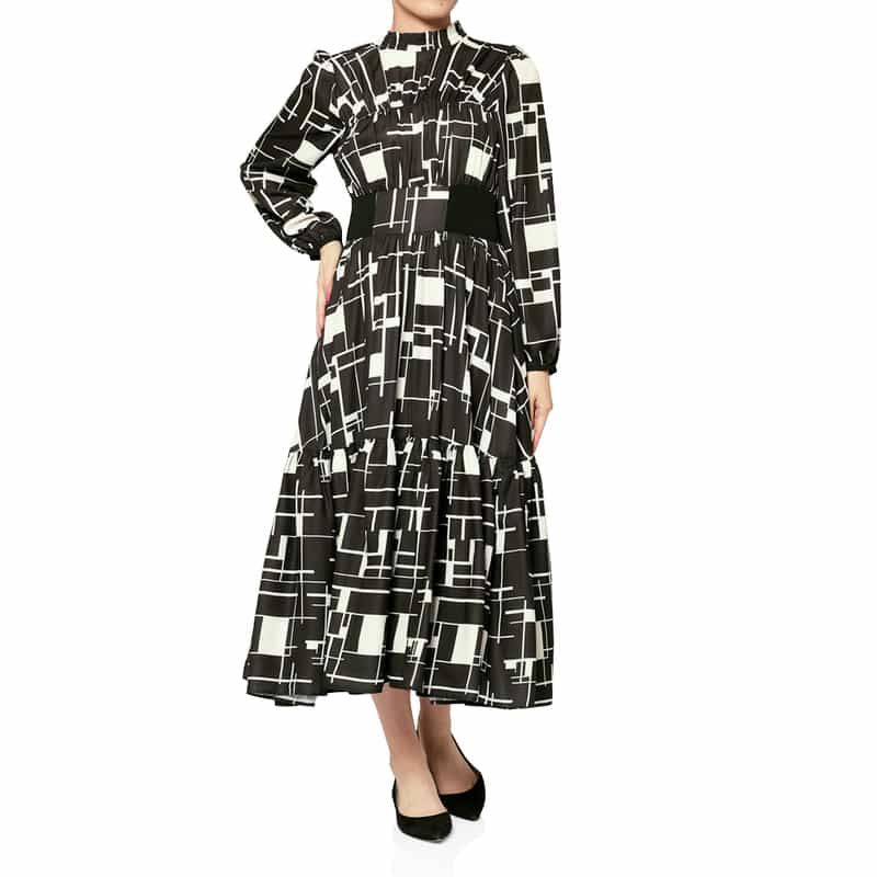 ウォッシャブル ジオメトリック柄ロングドレス