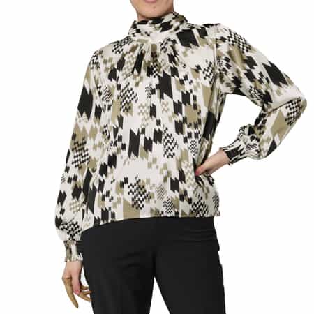 ウォッシャブル ジオメトリック柄バックボウデザインブラウス