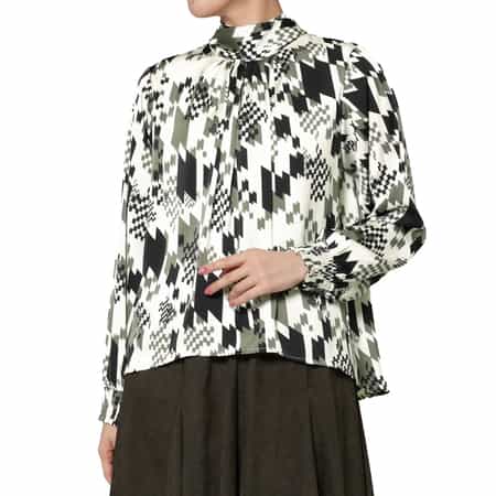 ウォッシャブル ジオメトリック柄バックボウデザインブラウス