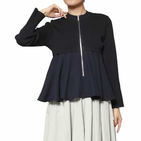 ウォッシャブル ドッキングデザイン フレアヘムジップアップニットプルオーバー