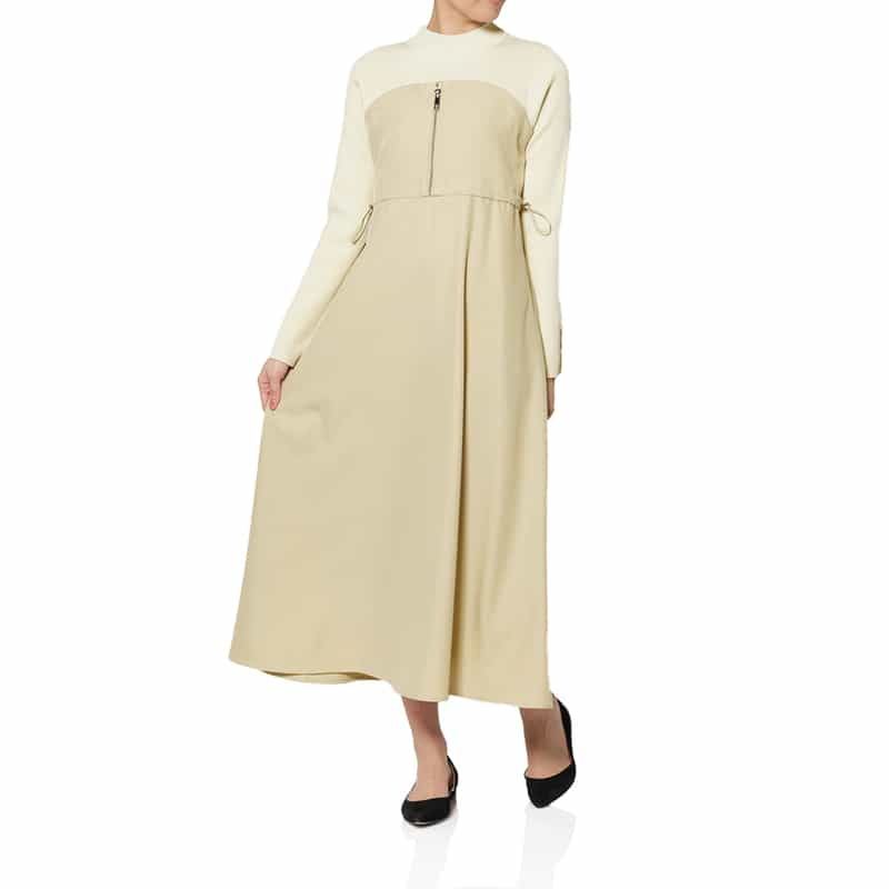 ウォッシャブル 異素材コンビネーション ドローストリングドレス